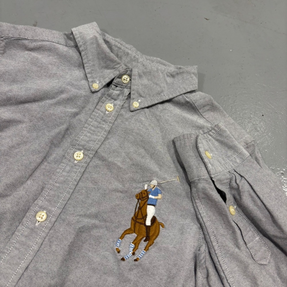 Polo Ralph Lauren Boys Grey Oxford Big Pony Button Down Shirt Size L 14-16